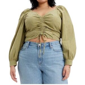 Levi's Devin Blouse Plaid Crop Top Ruched Drawstring Balloon‎ Sleeve 2X
